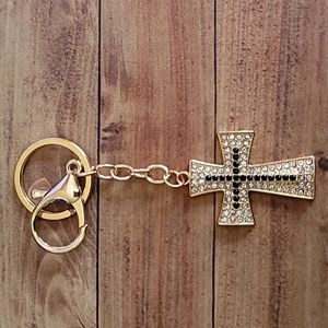 Rhinestone Black and Gold Toned Cross Keychain Keyholder